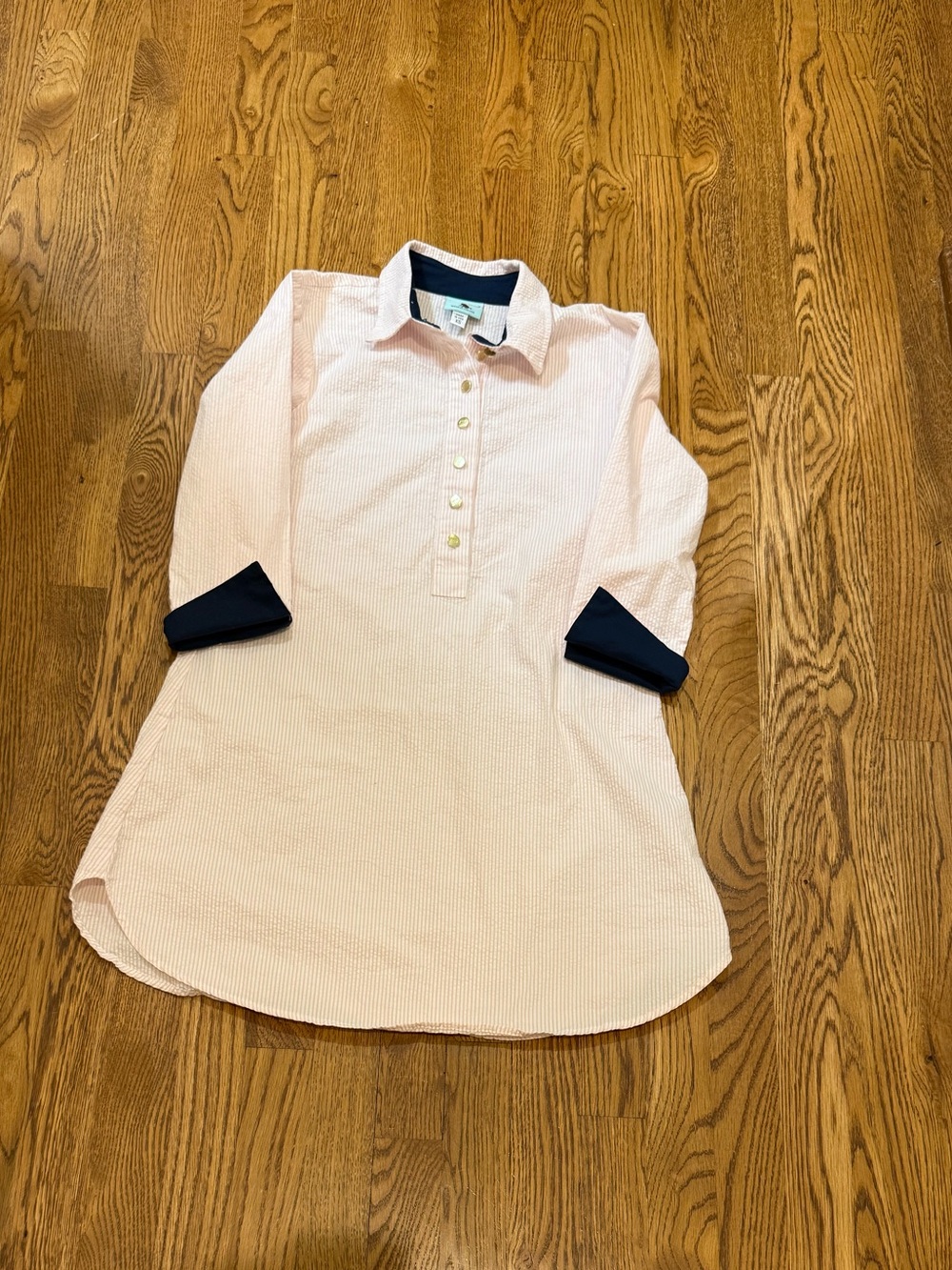 Pink Button-Down Tunic Shirt with Navy Trim